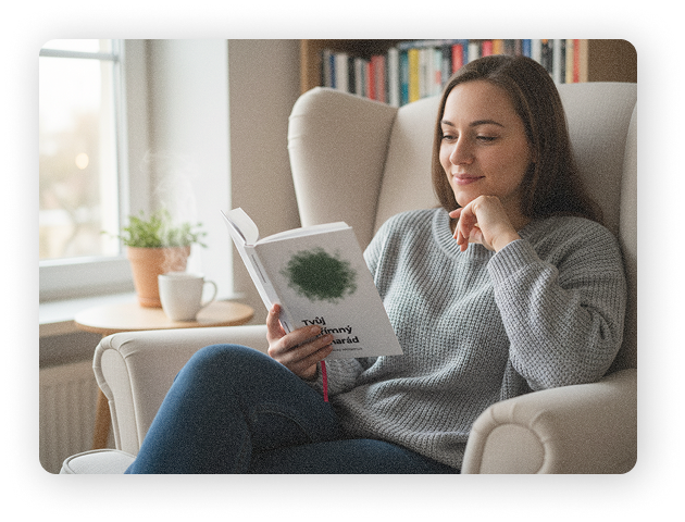 woman is smiling and reading a book